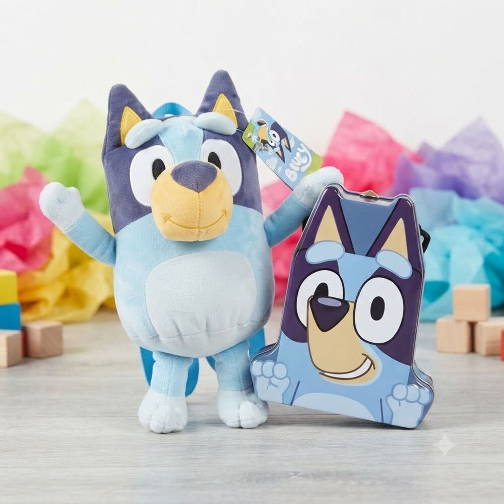 Bluey Plush Backpack & Metal Lunch Box Set | New with Tags | Great Gift!